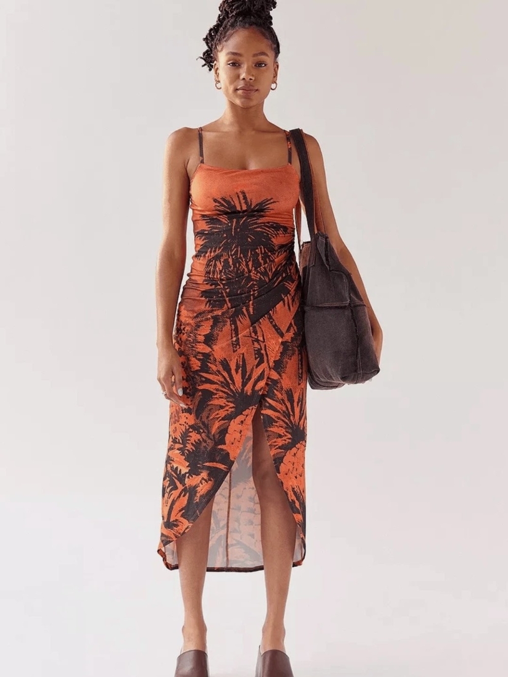 Urban Outfitters Solana Orange Palm-Print Slip Midi Dress